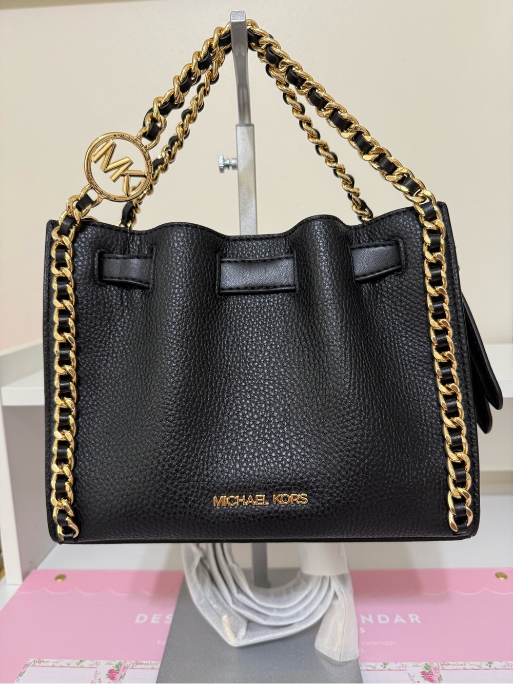 Michael Kors Mina Black Leather Bag with Gold Chain and Suede sides.
